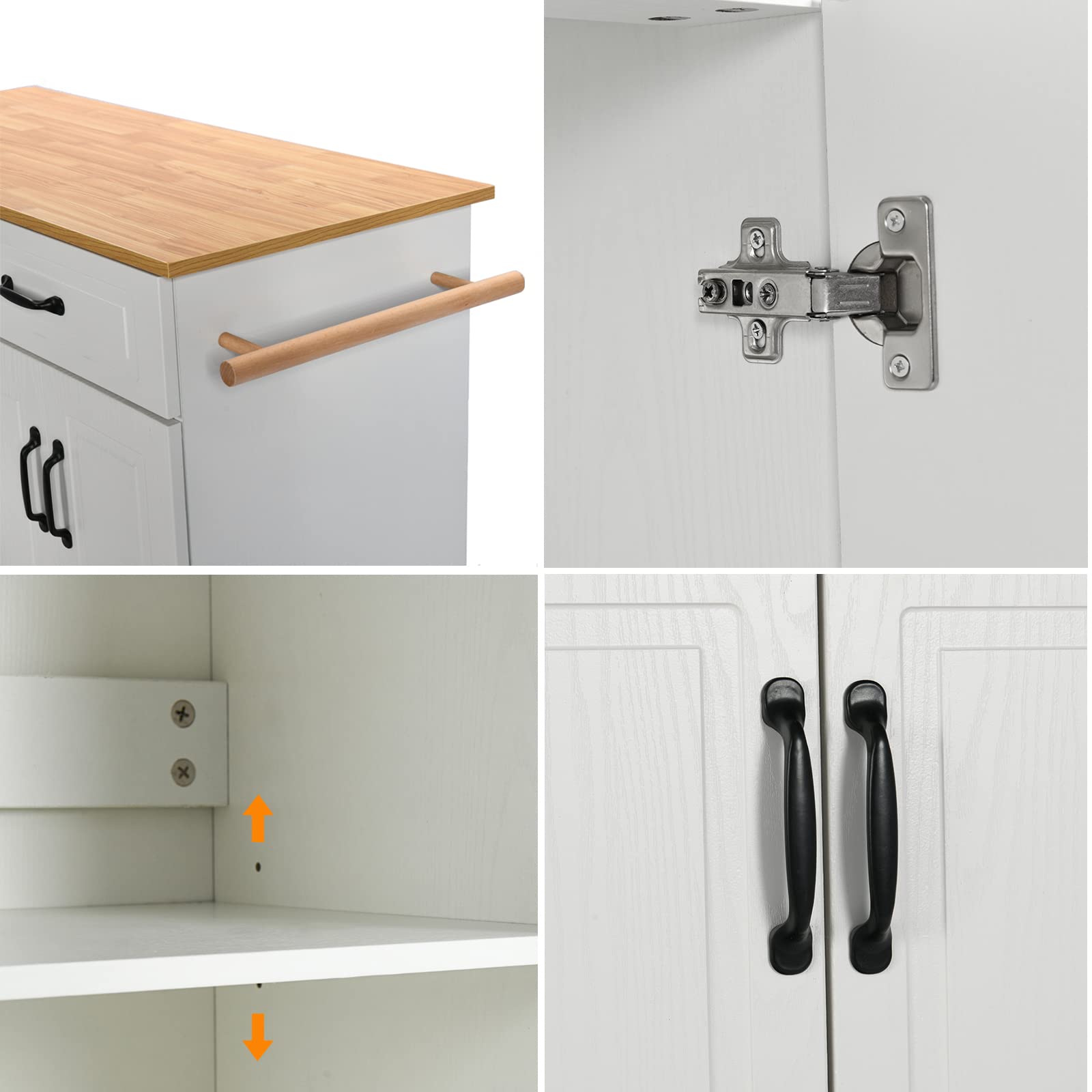 4 EVER WINNER White Kitchen Island with Storage on Wheels, Rolling Kitchen Island Cart with 2 Drawers& 4 Storage Cabinets, Wooden Countertop, Towel Racks, Adjustable Shelves