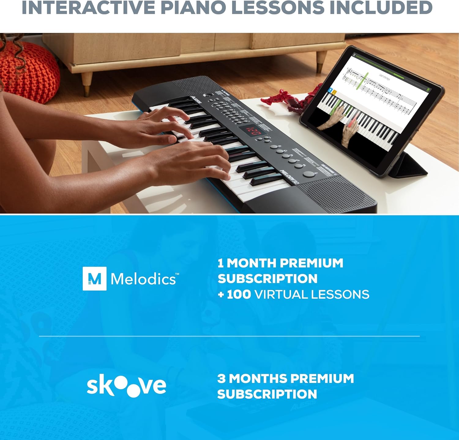 Alesis Melody 61 Key Keyboard Piano with Speakers, Stand, Stool, Headphones, Microphone, Sheet Music Stand, 300 Sounds and Music Lessons
