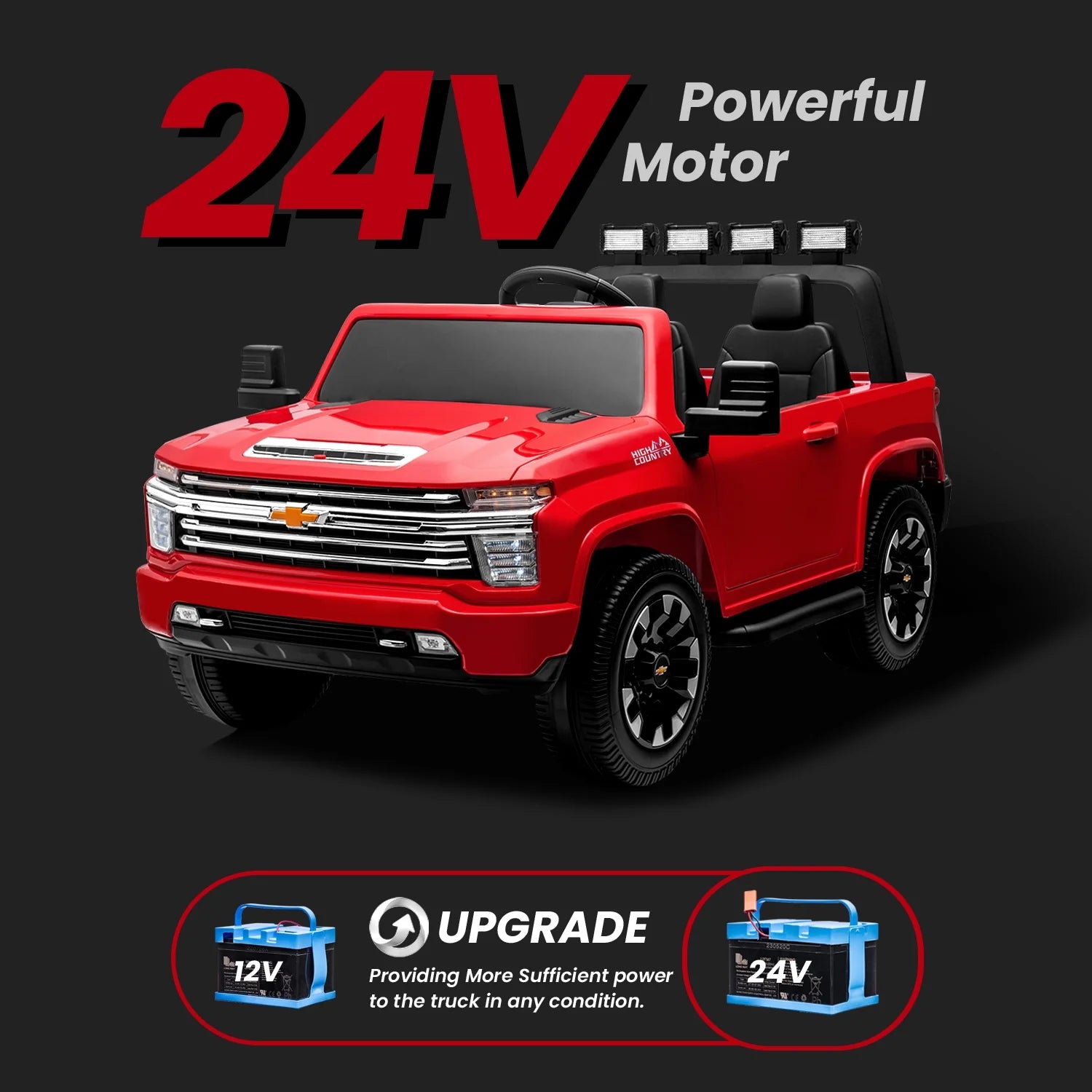 Track 7 24V Ride on Car, Licensed Silverado HD 2 Seater Electric Car for Boys Girls Age 3+, 24V Ride on Truck w/Remote Control, Music, ABC, Red