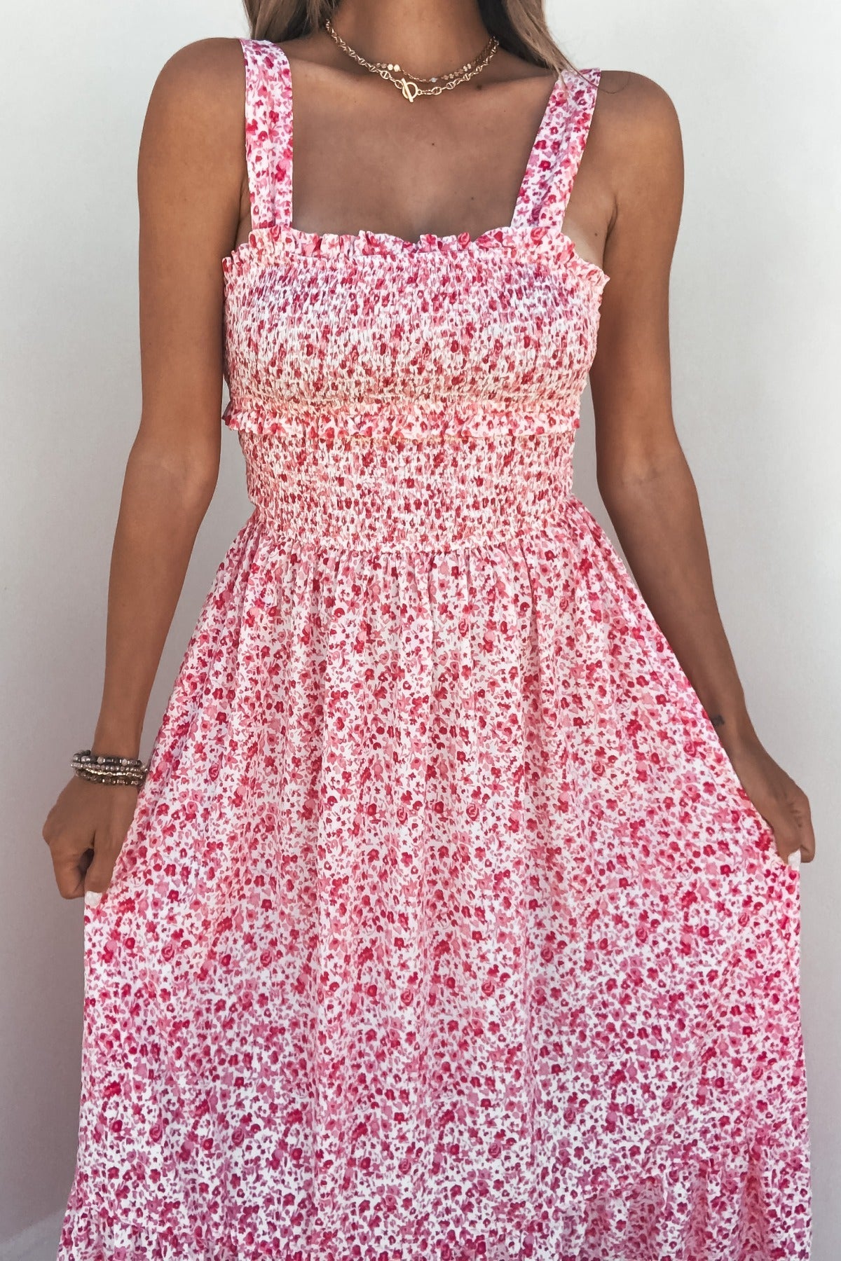 Smocked Bow Tie Print Midi Dress – Pink