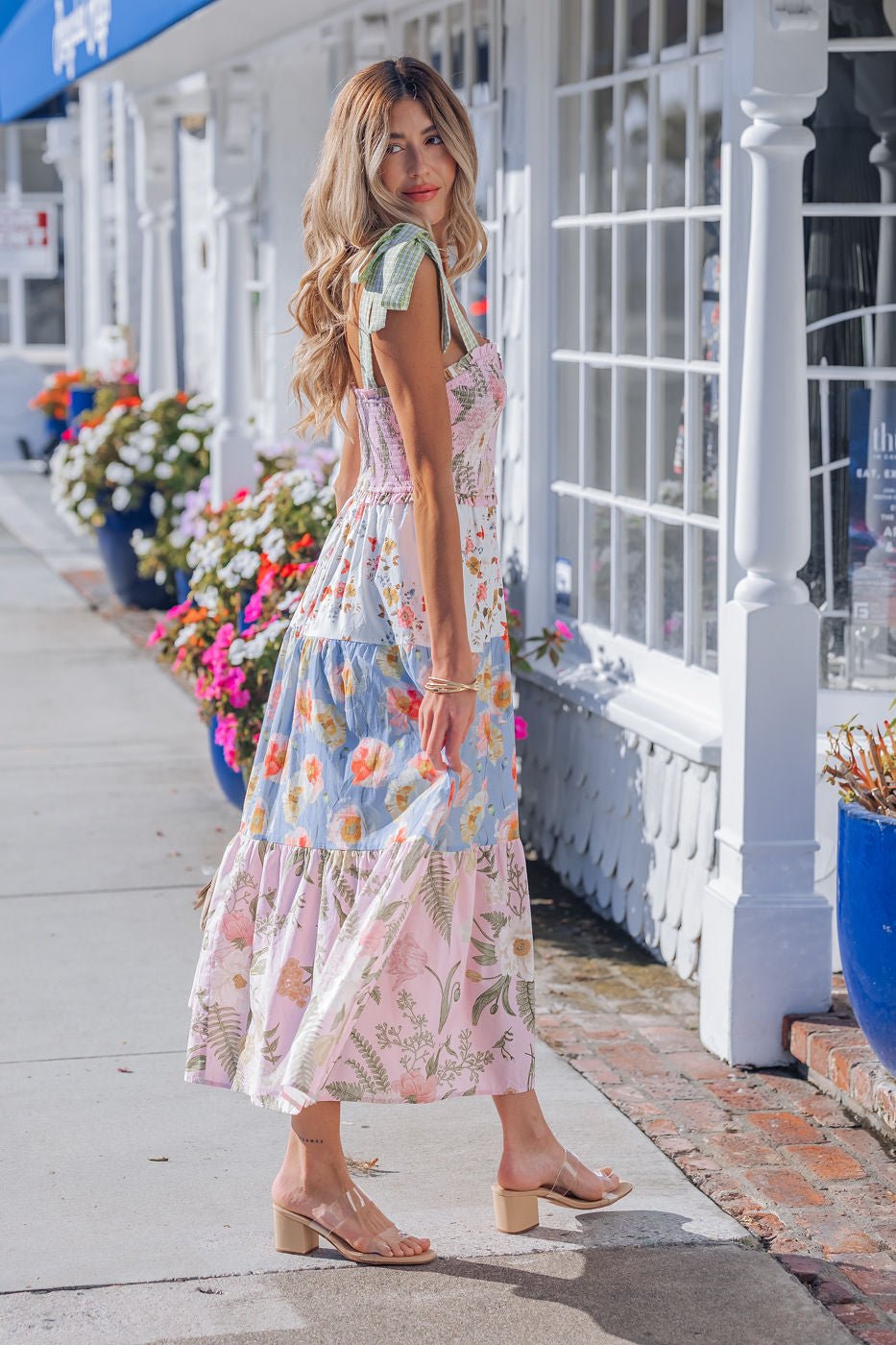 Multi Pink Floral Bow Strap Midi Dress