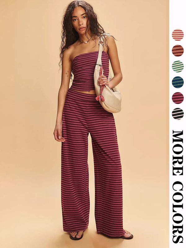 Women's Striped Print Crop Tube Top & Wide Leg Pants Set, Street Fashion Casual Two-piece Set for Daily Wear, Ladies Summer Clothes, Cute, Casual Matching Set