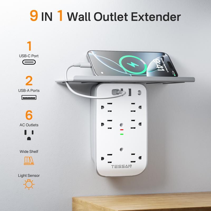 Tessan Wall Outlet Extender with Shelf Night Light Multi Plug Outlets USB Charger 6 AC 2 USB Ports 1 USB C for Home Office