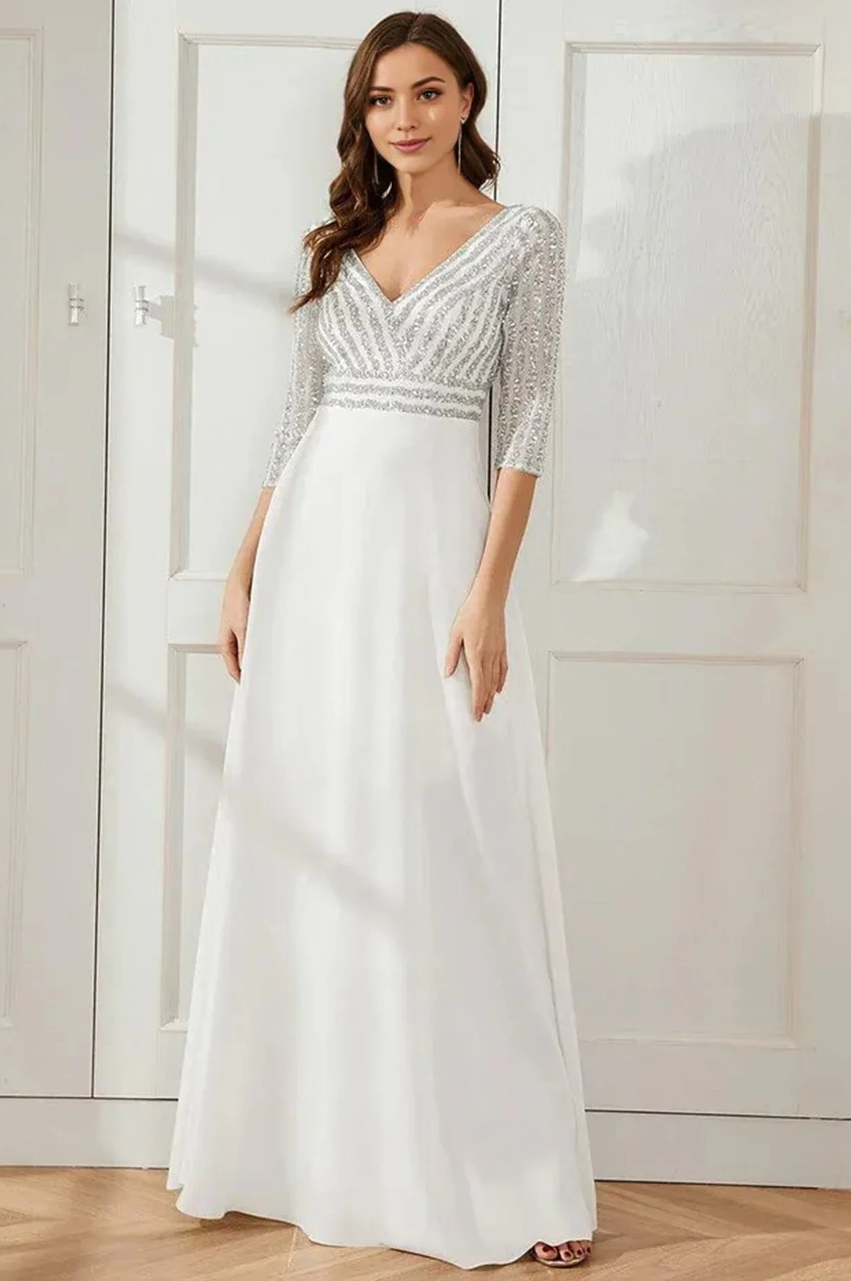 Sexy V Neck A-Line Sequin Evening Maxi Dresses