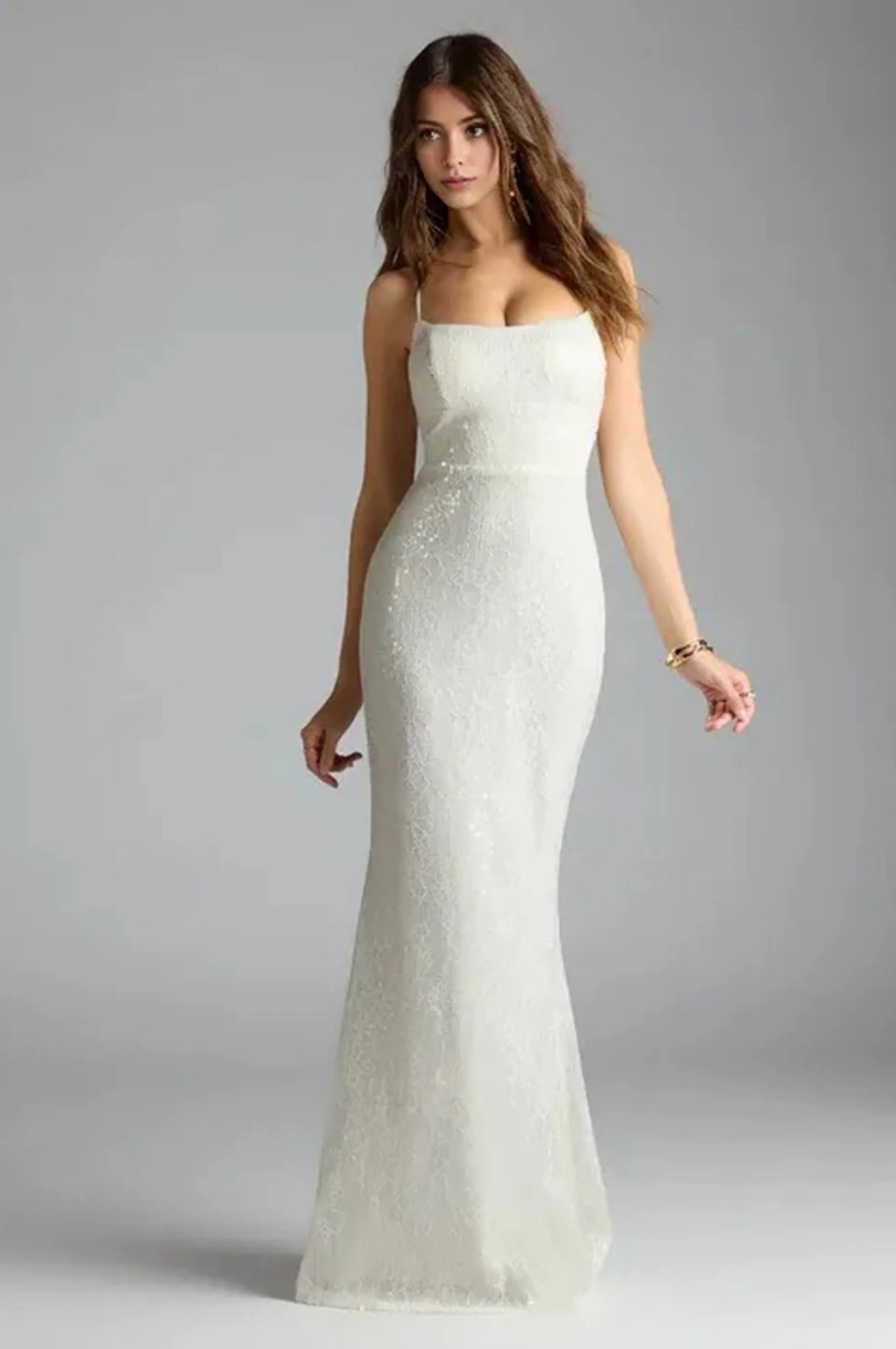 Lace-Up Mermaid Sequin Formal Maxi Dress Ivory