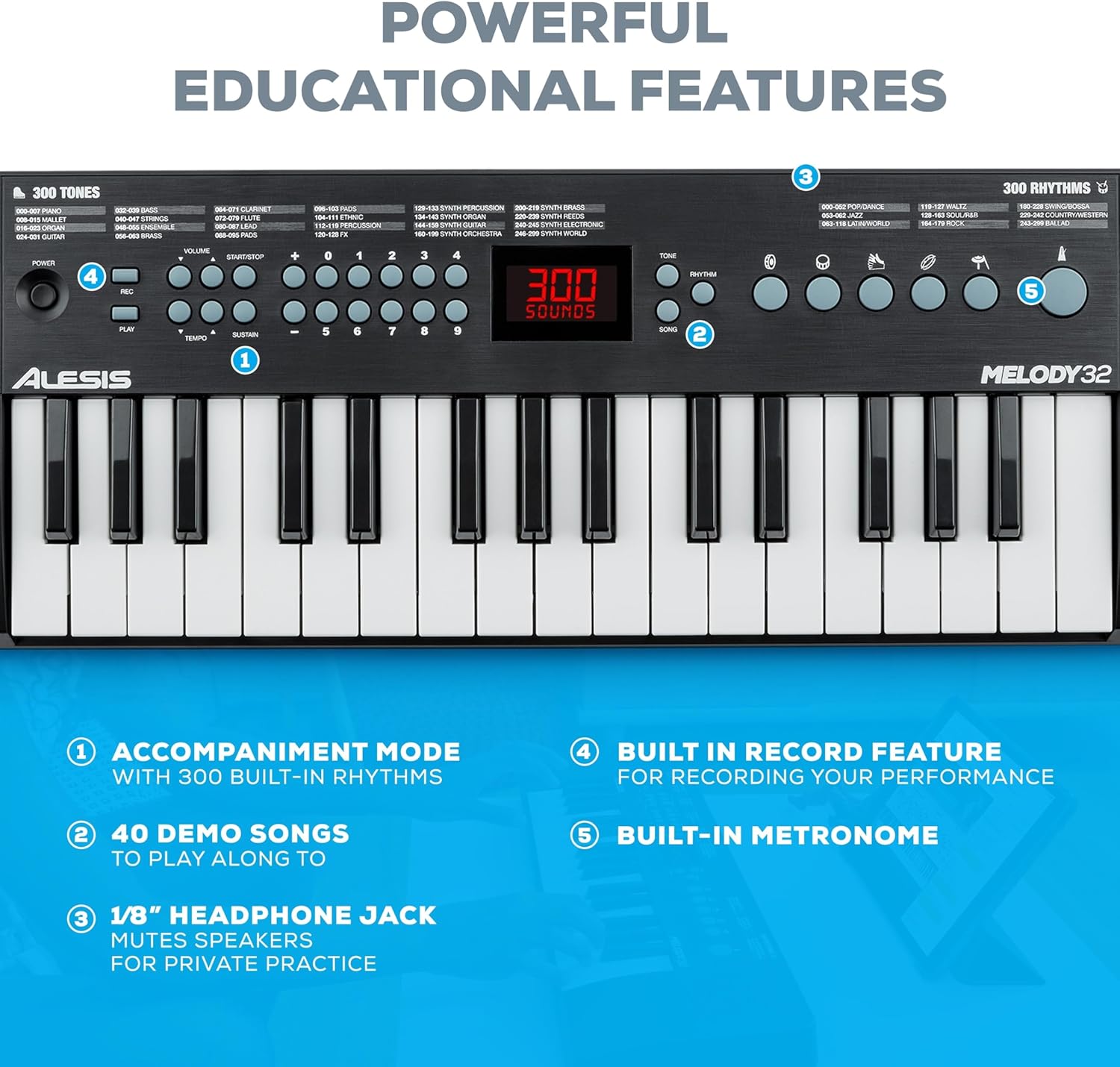 Alesis Melody 61 Key Keyboard Piano with Speakers, Stand, Stool, Headphones, Microphone, Sheet Music Stand, 300 Sounds and Music Lessons