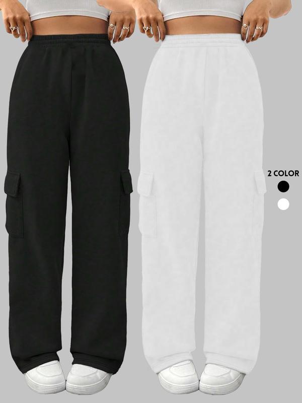 Women's Solid Flap Pocket High Waist Straight Leg Pants, Casual Elastic Waist Pocket Trousers for Daily Wear, Ladies Bottoms for Summer