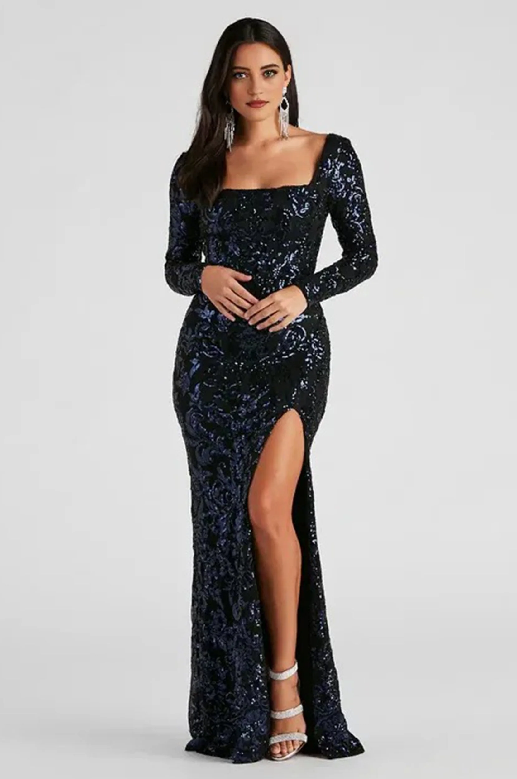 Formal Sequin Lace-Up Maxi Dress Navy
