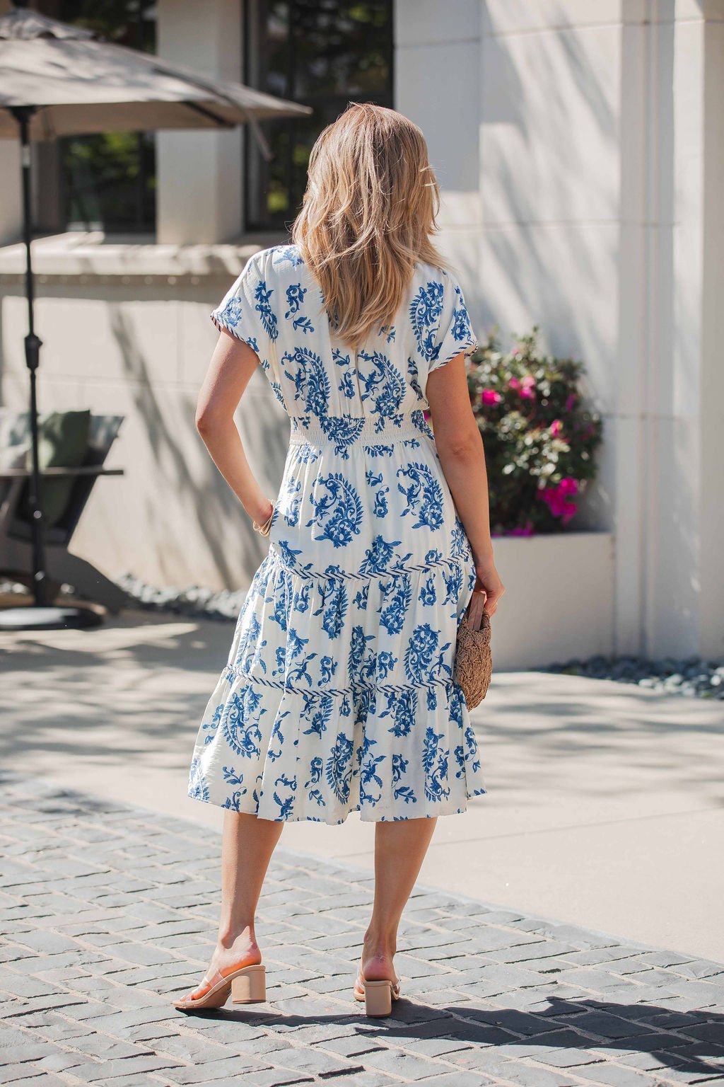 Easton Blue Print Smock Tiered Midi Dress