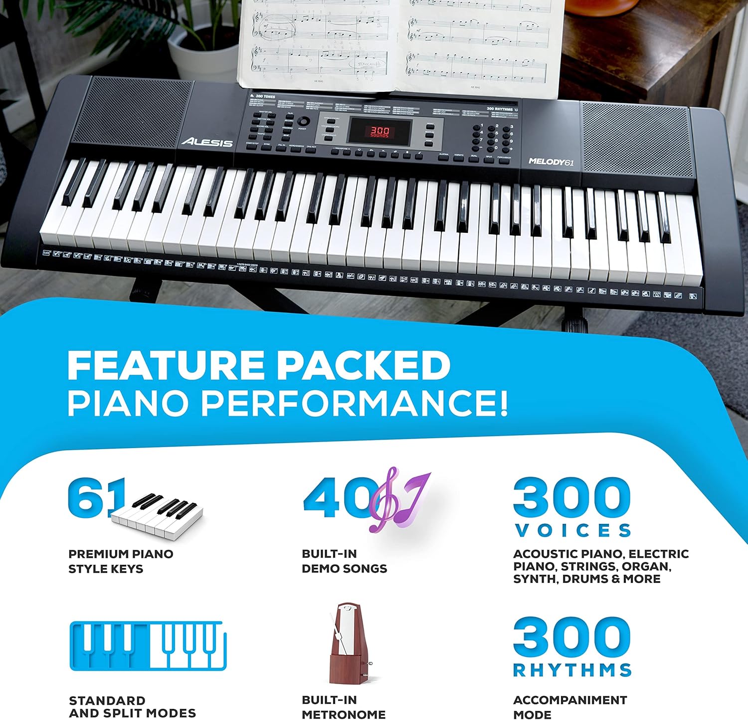Alesis Melody 61 Key Keyboard Piano with Speakers, Stand, Stool, Headphones, Microphone, Sheet Music Stand, 300 Sounds and Music Lessons