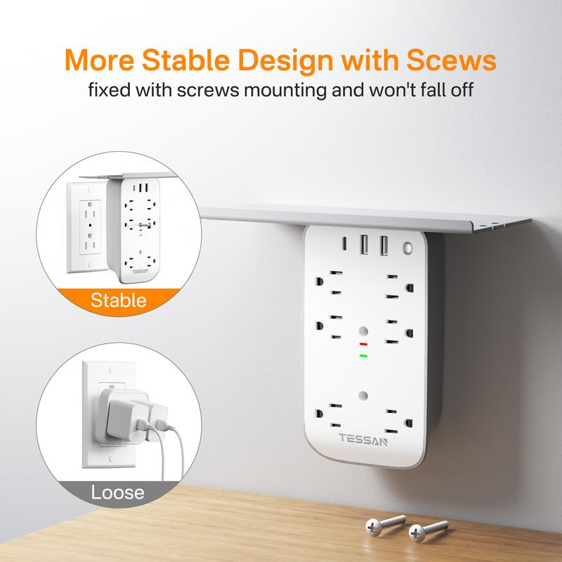 Tessan Wall Outlet Extender with Shelf Night Light Multi Plug Outlets USB Charger 6 AC 2 USB Ports 1 USB C for Home Office