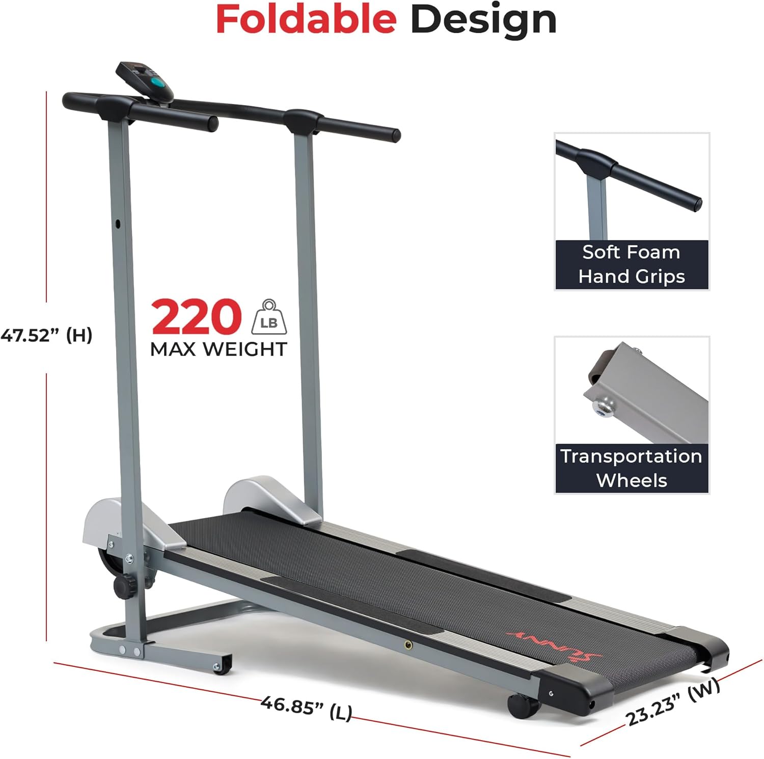 Sunny Health & Fitness Manual Walking Pad Treadmill for Home, Non-Electric, Fixed Incline, Compact with Handle Bar, Digital Monitor, Non-Slip Surface, Optional Free SunnyFit App Bluetooth Connection