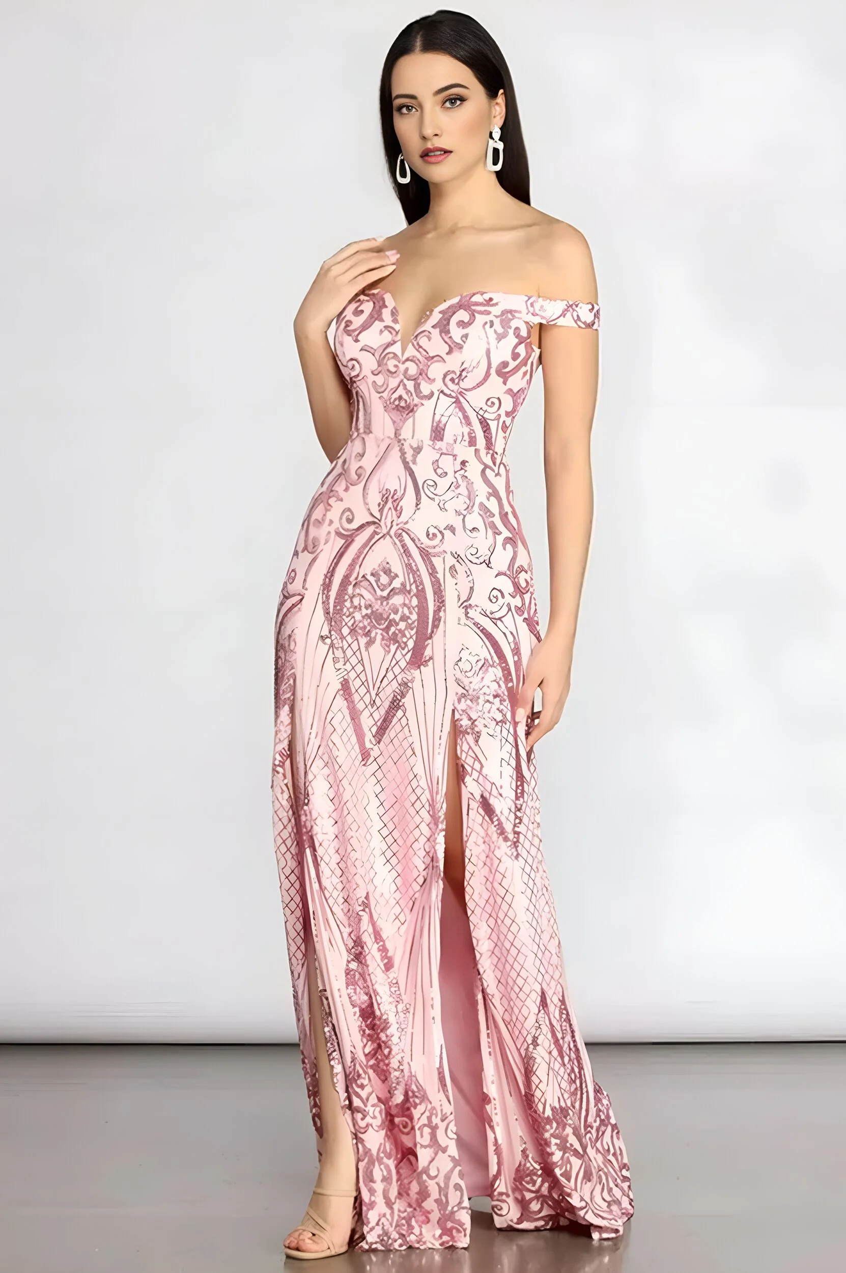Sequin Off Shoulder A-Line Maxi Dress Pink