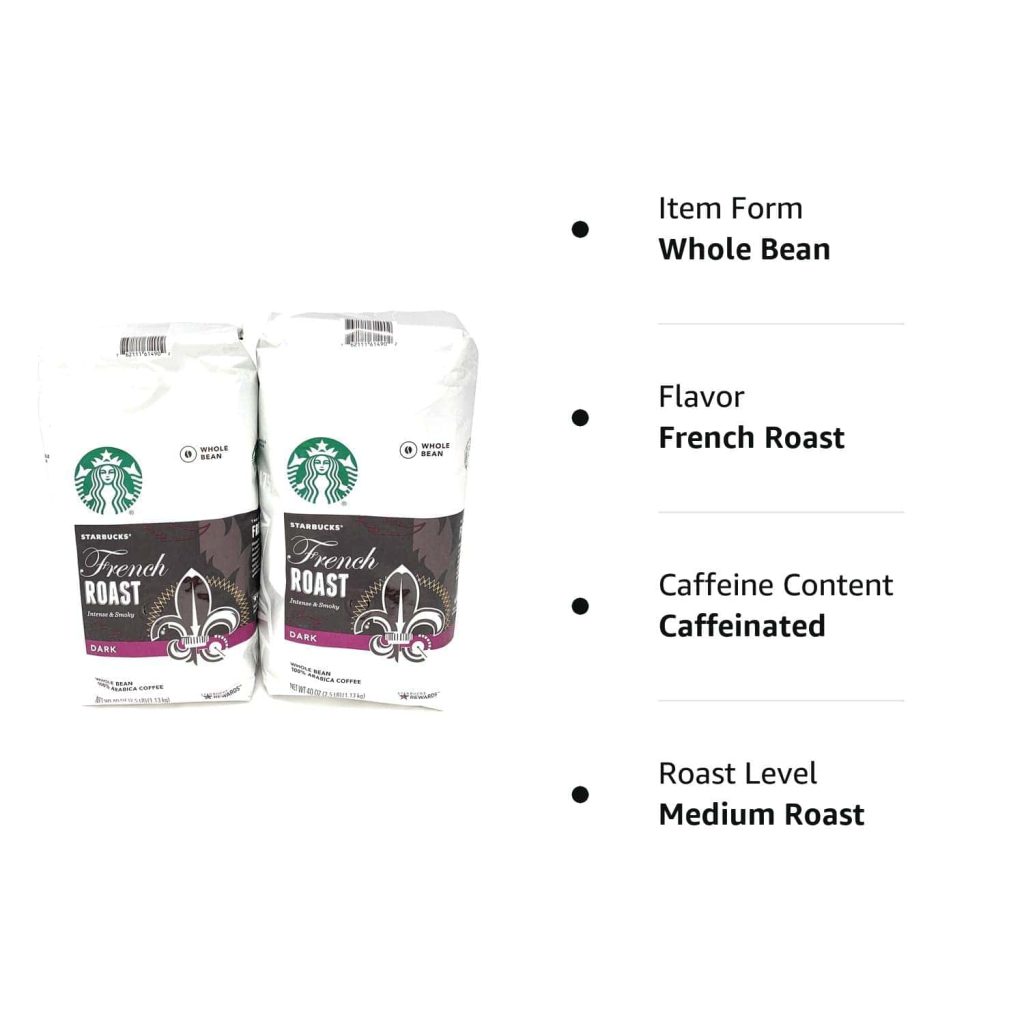Starbucks French Roast Whole Bean Coffee, 80 Oz, Intense & Smoky Flavor, 2 x 40 Oz Packs