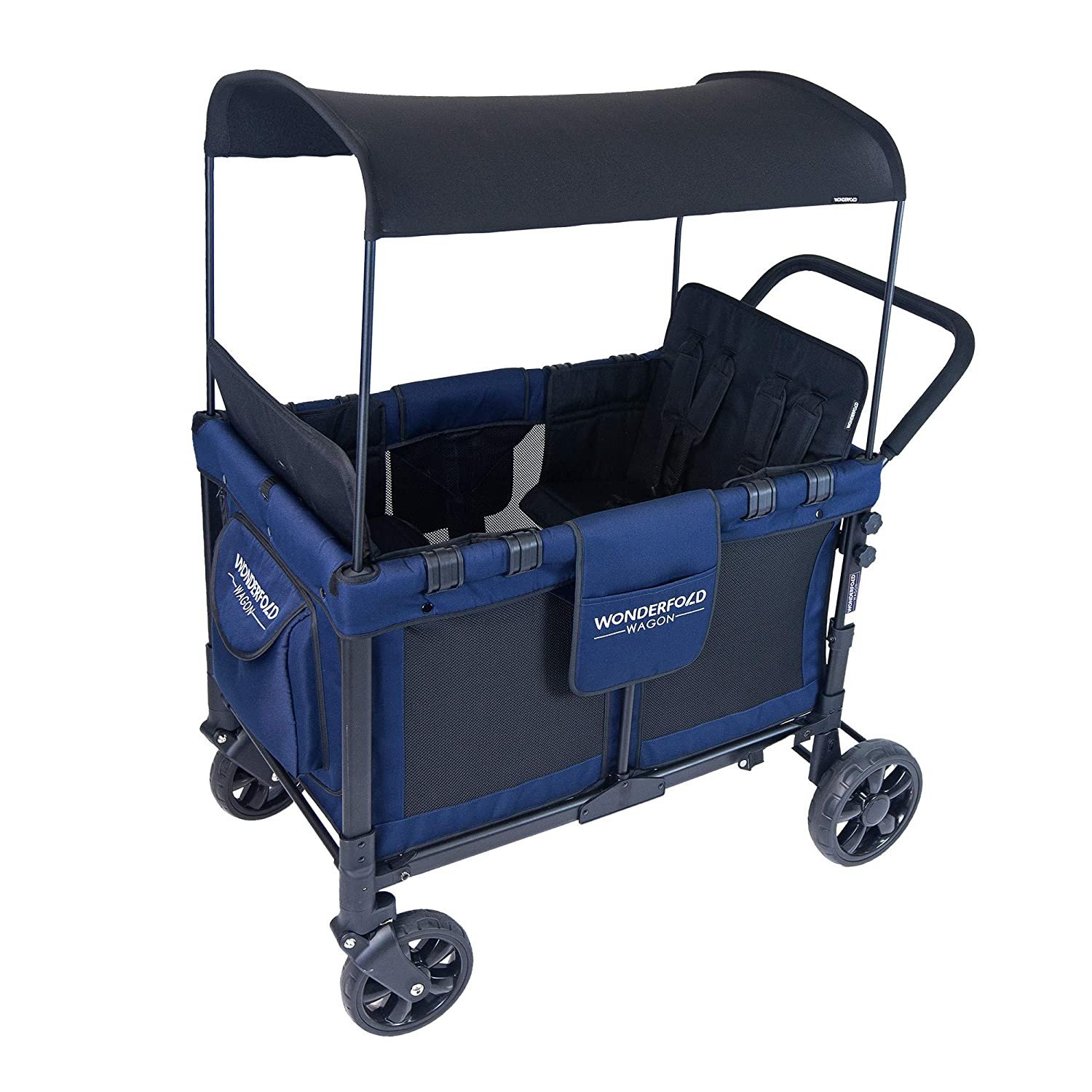 2026 Baby Multi-Function Four Passenger Wagon Folding Quad Stroller with Removable Reversible Canopy & Seats up to 4 Toddlers, Navy