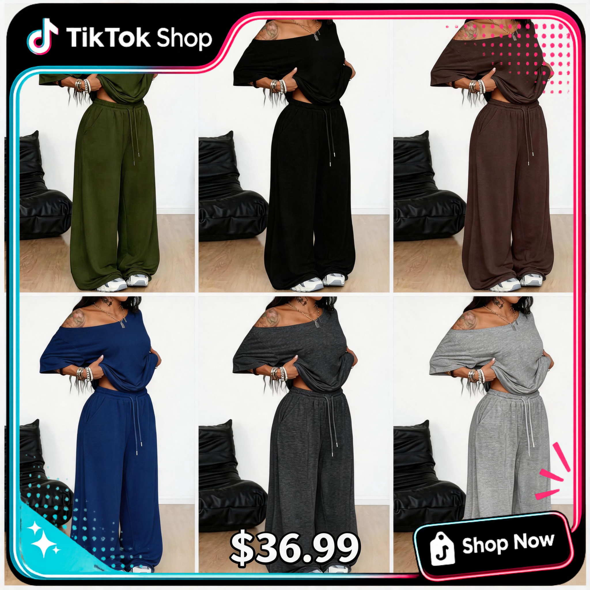 🔥 TikTok Viral Lounge Set 🔥 Off-Shoulder Matching Set – Relaxed & Stylish