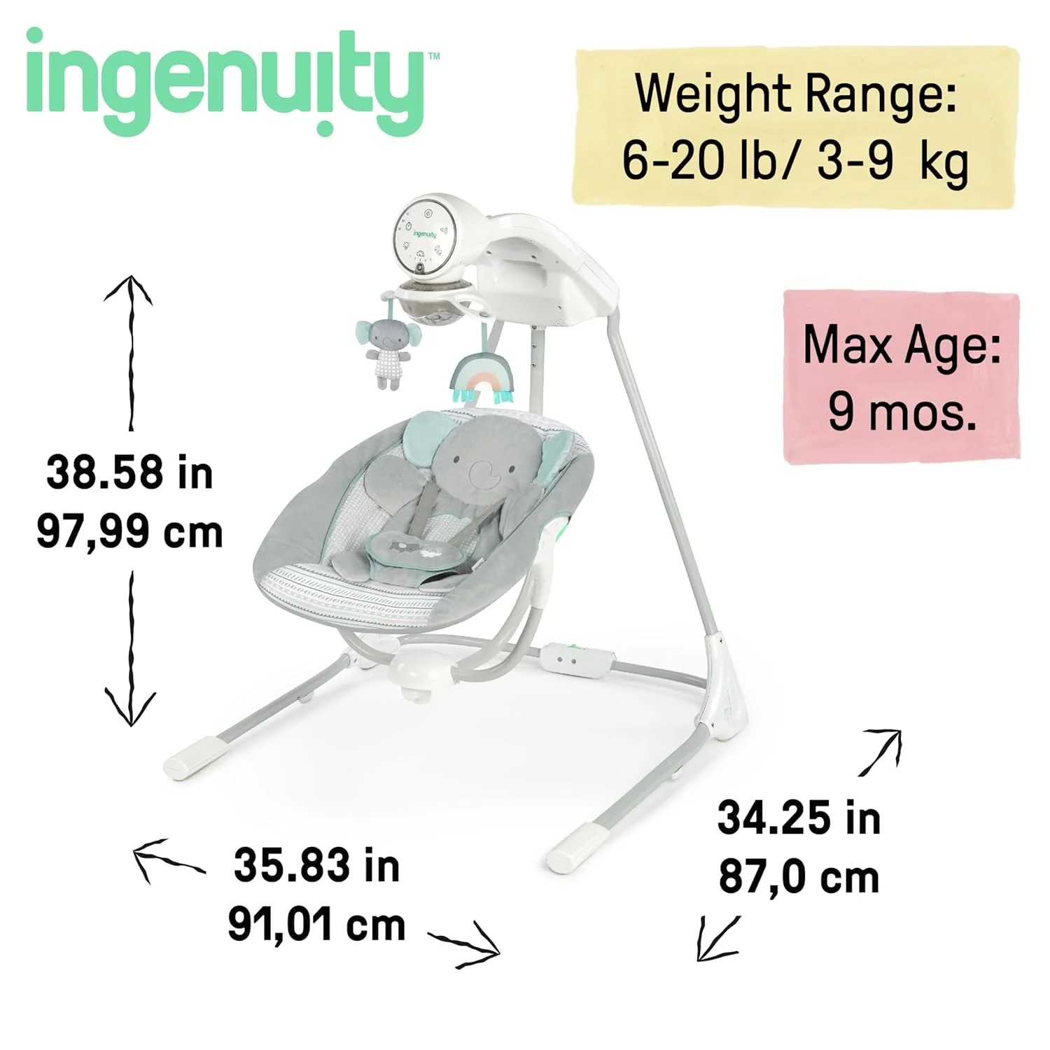 INGENUITY Inlighten 5-Speed Baby Swing with Swivel Seat