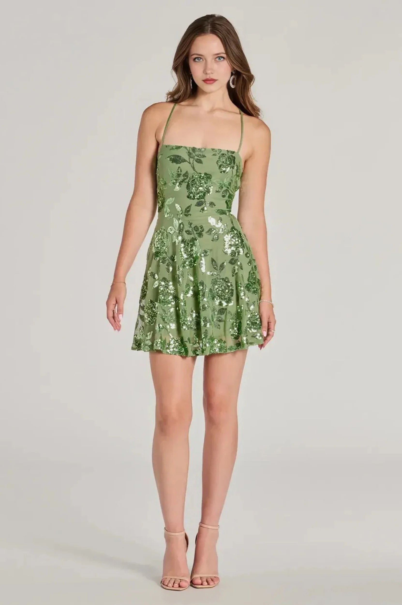 Sparkling Beauty Lace-Up Floral Sequin Skater Dress  Green