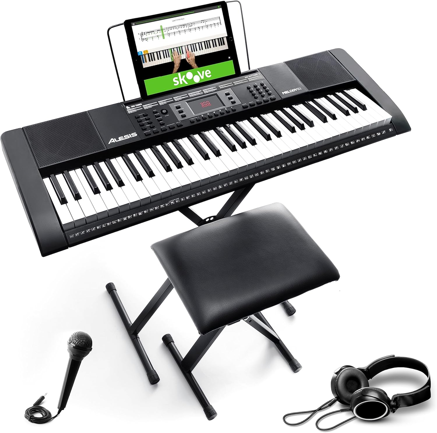 Alesis Melody 61 Key Keyboard Piano with Speakers, Stand, Stool, Headphones, Microphone, Sheet Music Stand, 300 Sounds and Music Lessons