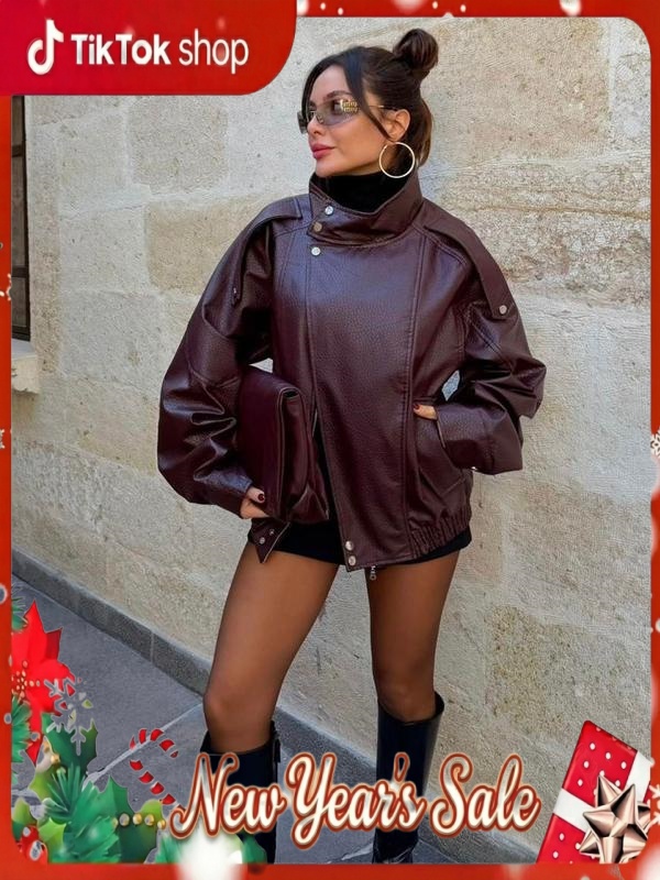 Faux Leather Stand Collar Oversized Moto Jacket, Elastic Hem Streetwear, Casual Long Sleeve Water- and Wind-Resistant Outerwear for Spring & Fall, Ladies Clothes for Daily Wear, Chic Outerwear