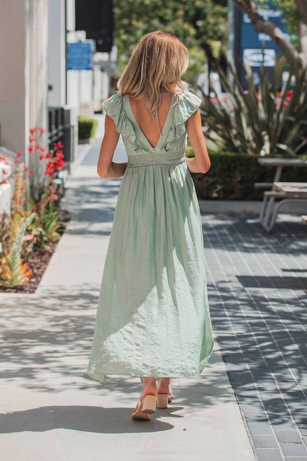 Classic Sage Ruffled Midi Dress