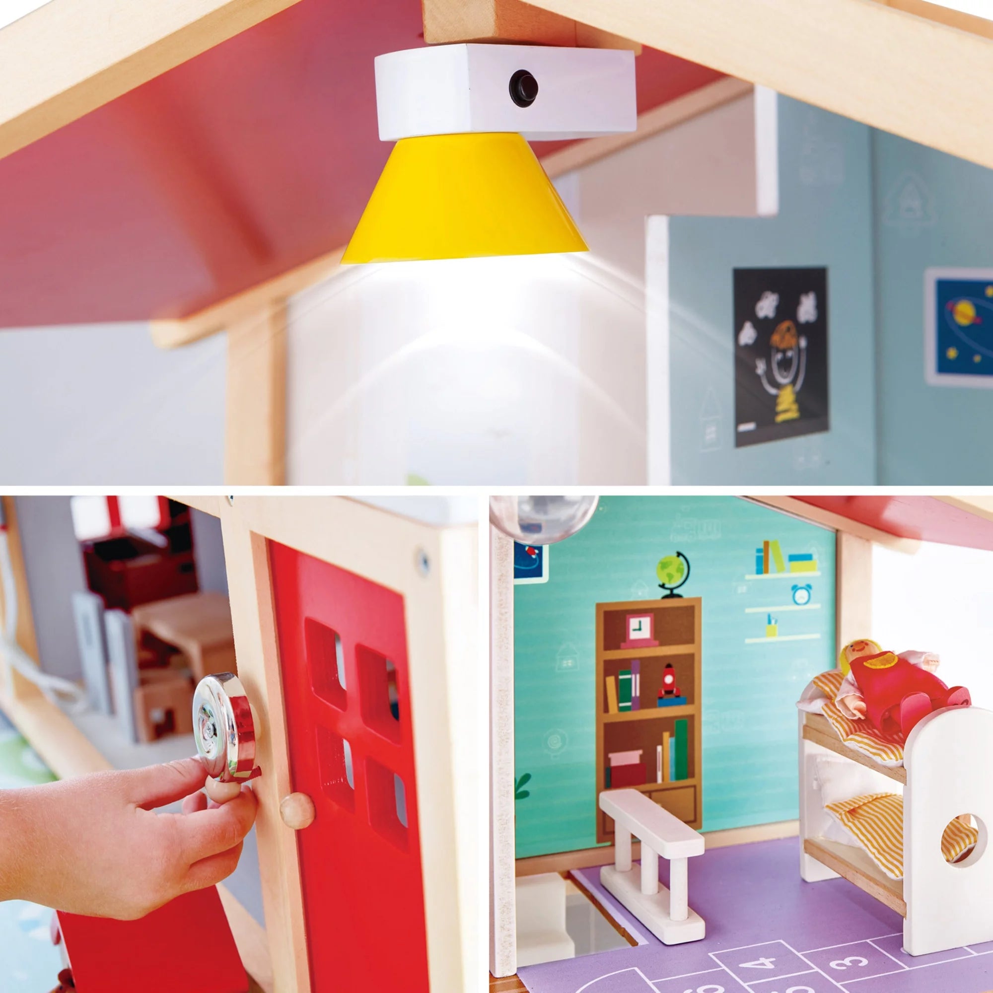 Hape Family Mansion Kid's Wood Dollhouse with LED Lights, Product Height 28.43 in