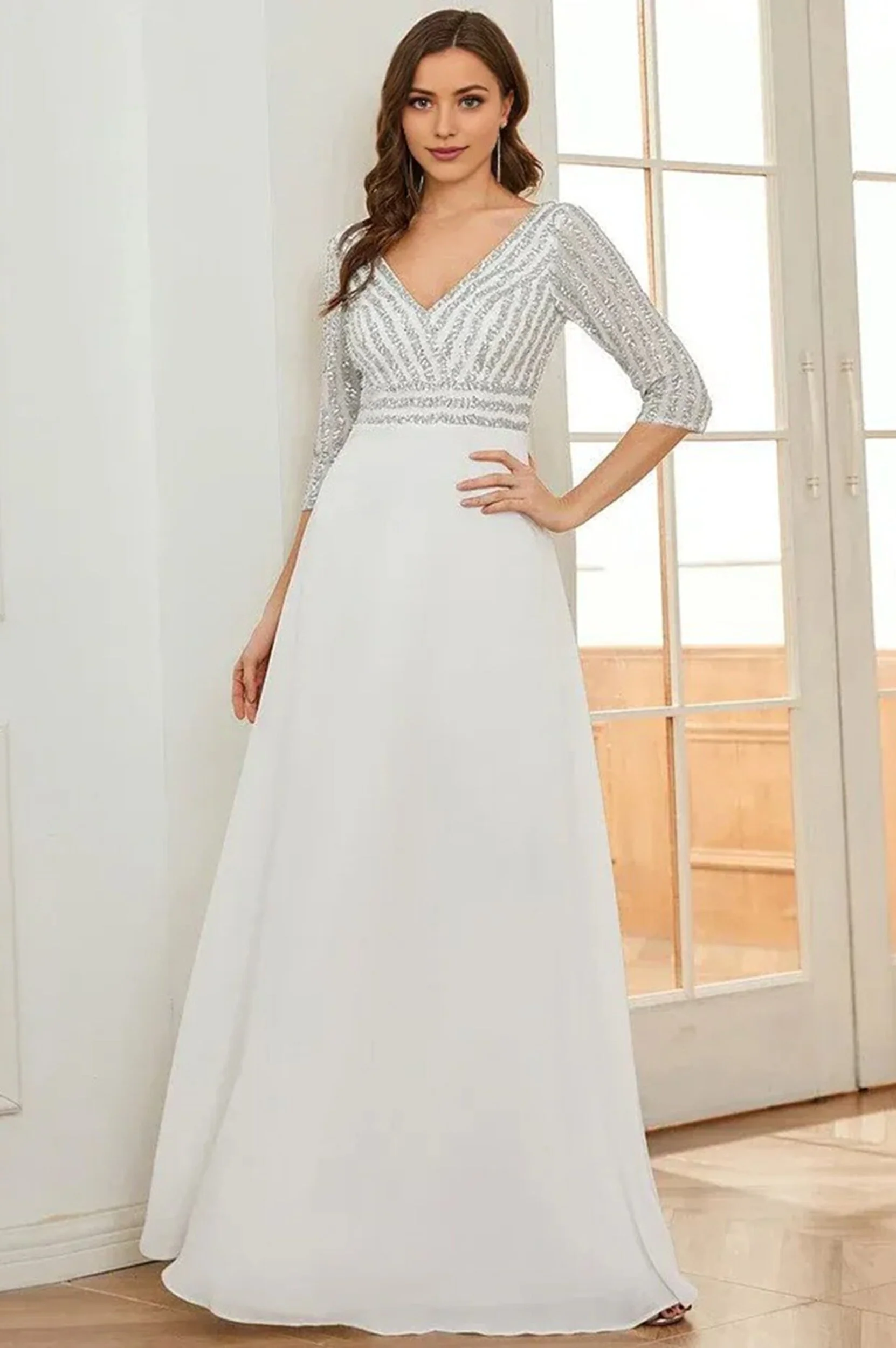 Sexy V Neck A-Line Sequin Evening Maxi Dresses