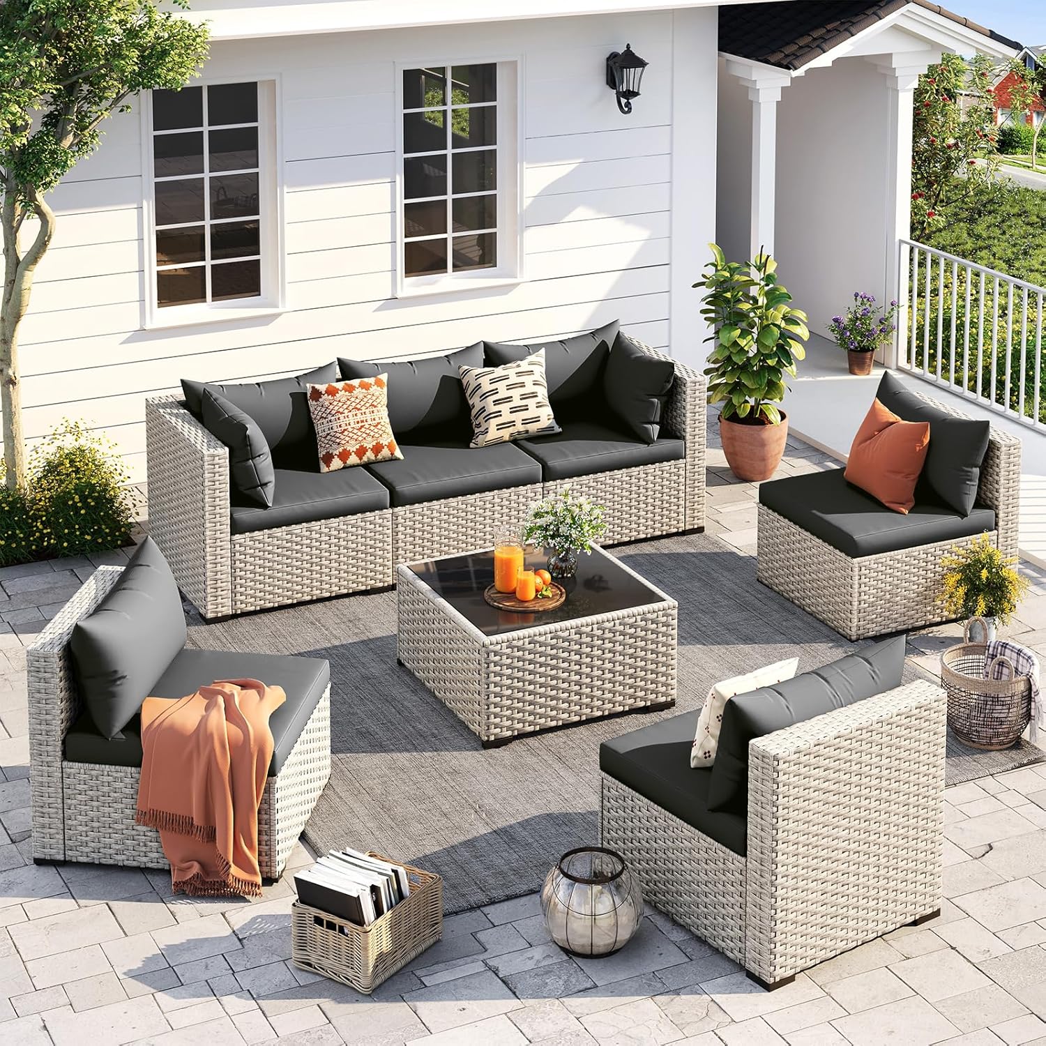 UDPATIO Outdoor Patio Furniture Set, 7-Piece PE Wicker Sectional Sofa with Tea Table, Outdoor Conversation Set for Patio, Garden, Backyard Green