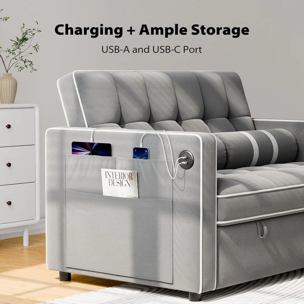 Pipishell 3 in 1 Convertible Sleeper Sofa Bed,Pull Out Couch for Living Room with USB Ports & Side Pockets,Adjustable Backrest,Velvet,Loveseat Sofa Bed,Futon Couches,Black