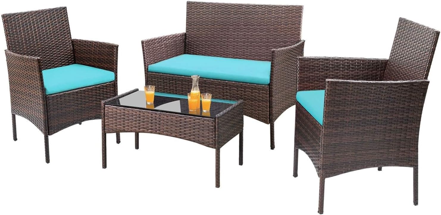 Homall 4 Pieces Outdoor Patio Furniture Sets Rattan Chair Wicker Set, Outdoor Indoor Use Backyard Porch Garden Poolside Balcony Furniture Sets Clearance (Brown and Beige)