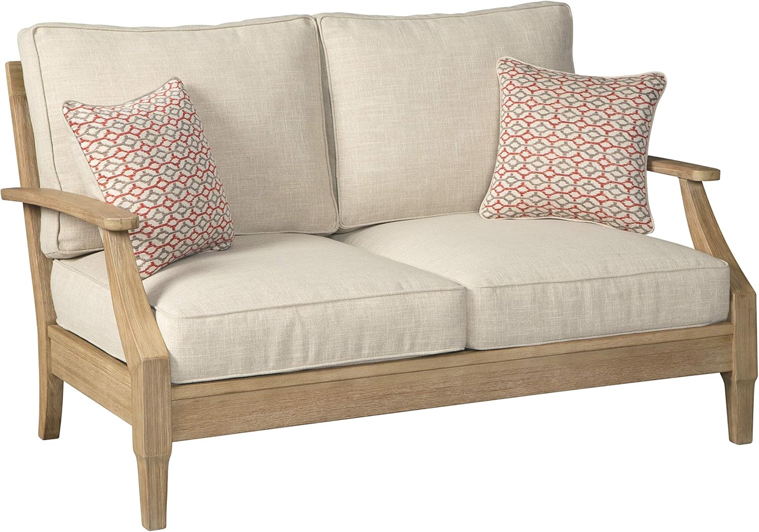 Signature Design by Ashley Clare View Coastal Outdoor Patio Eucalyptus Sofa with Cushions, Beige