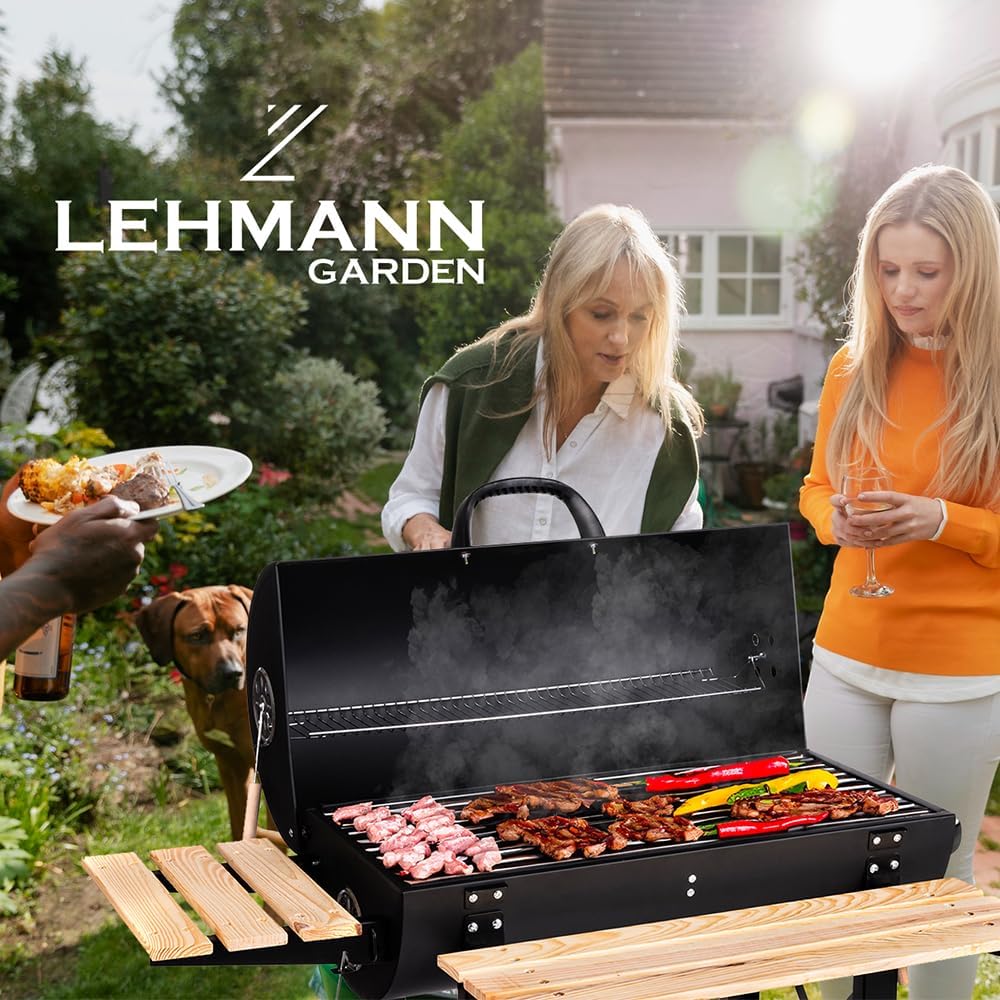 Barbecue a carbone con griglia XL, carrello per griglia con due ripiani in legno, coperchio, ruote, maniglia non riscaldante, griglia a carbone per giardino, patio, campeggio