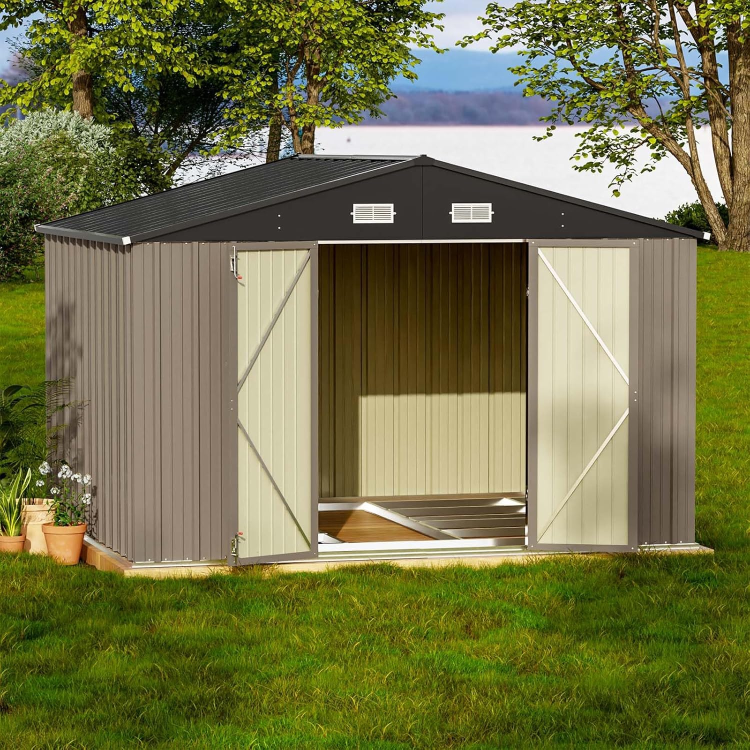 Patiowell 5x3 FT Outdoor Storage Shed, Tool Shed with Sloping Roof and Lockable Door, Metal Shed for Backyard Garden Patio Lawn, Brown