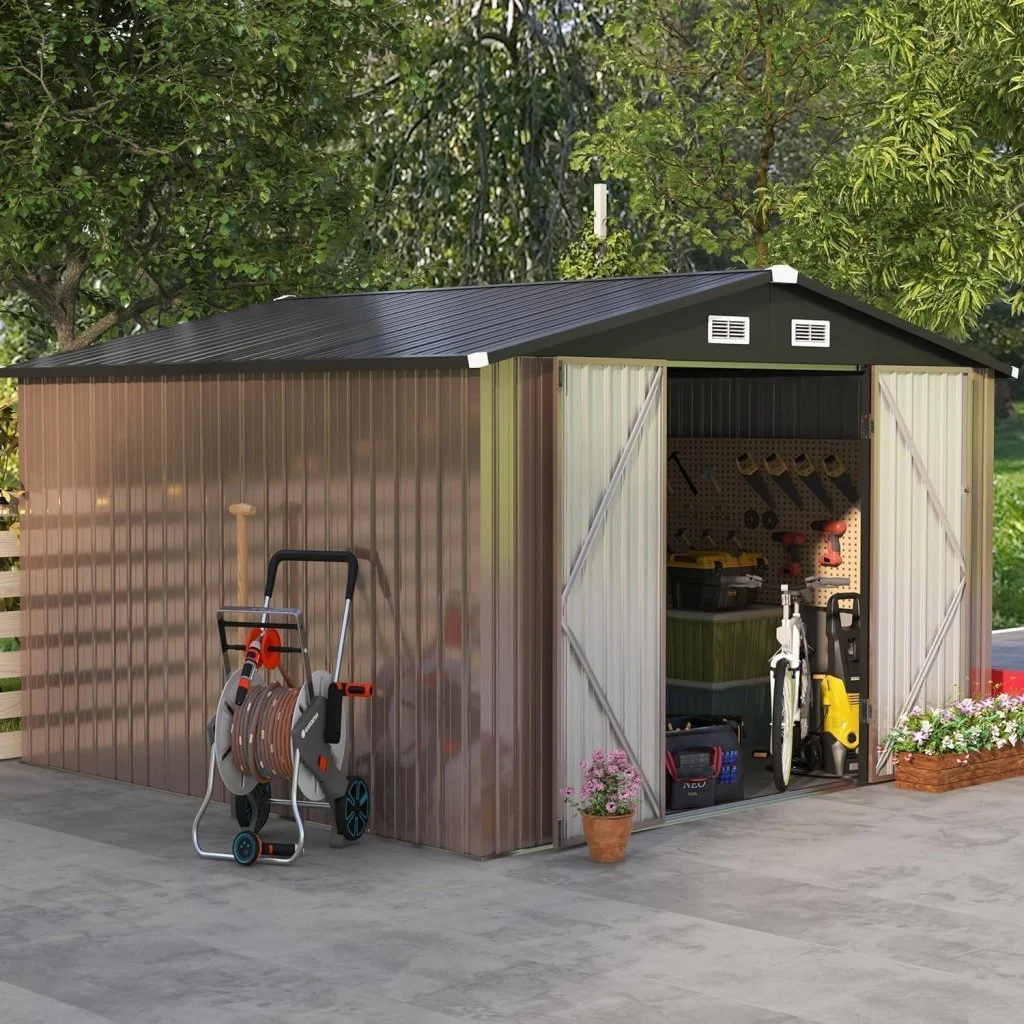 Aoxun 6.2x4 FT Shed Outdoor Storage Shed Metal Garden Shed with Lockable Doors & Slooping Roof Tool Shed Bike Shed for Backyard, Patio, Poolside (Brown)