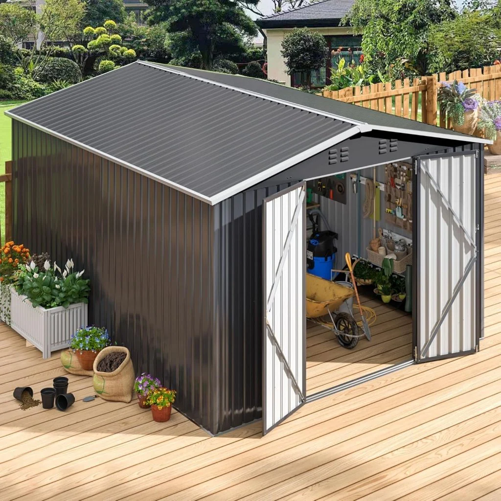 Polar Aurora 8 x 12 FT Outdoor Storage Shed, Metal Garden Shed with Updated Frame Structure, Tool Sheds for Backyard Garden Patio Lawn Black