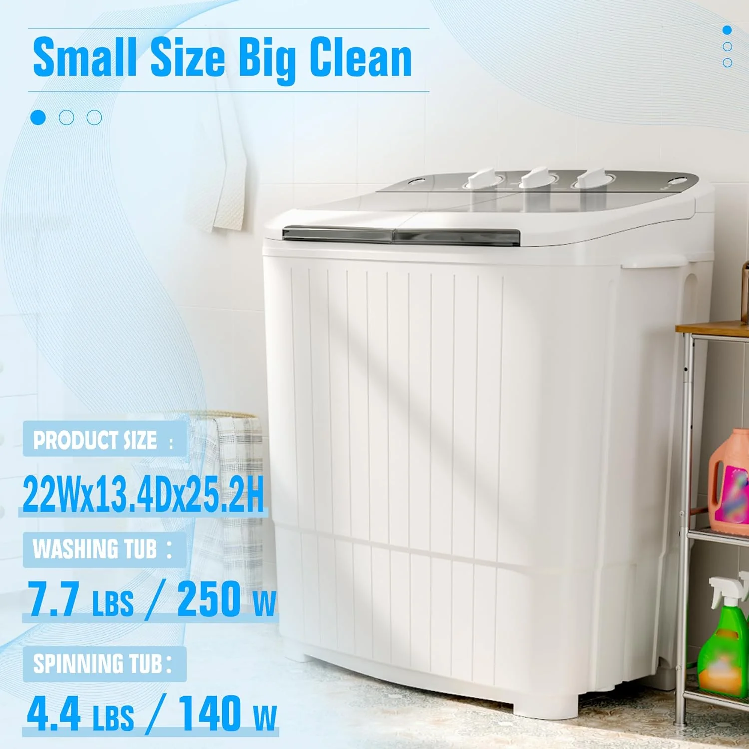 INTERGREAT Portable Washing Machine with Longer Hose, 16lbs Twin Tub Washer Mini Compact Laundry Washing Machine with Drain Pump, Semi-automatic Washer Combo for Dorms, Apartments, Blue