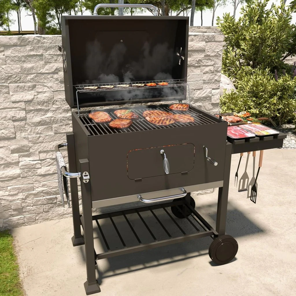 Barbecue A Carbonella BBQ Da Giardino Grill Regolabile Coperchio Termometro Ventilazione Ripiano A Ribalta Ganci Ruote Contenitore Manico Acciaio Inox Terrazzo Balcone Picnic 106 x 46 x 114 cm Nero
